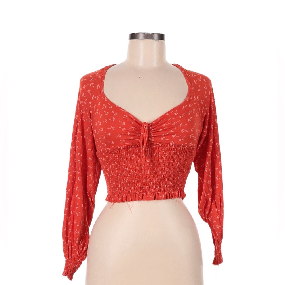 Urban outfitters smocked red long-sleeve cropped top